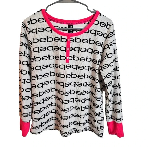 Bebe Logo Henley Sleepwear Top Large Pink Black White Y2K Grunge Lounge Tee - Picture 2 of 7